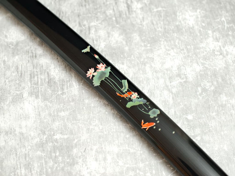 Katana aiguisé « Hasunohana » (蓮の花 lotus sacré), sérigraphie sur le saya, cordages vert clair #Terressens