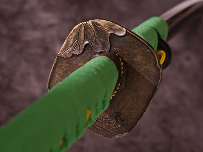 Katana aiguisé « Hasunohana » (蓮の花 lotus sacré), sérigraphie sur le saya, cordages vert clair #Terressens
