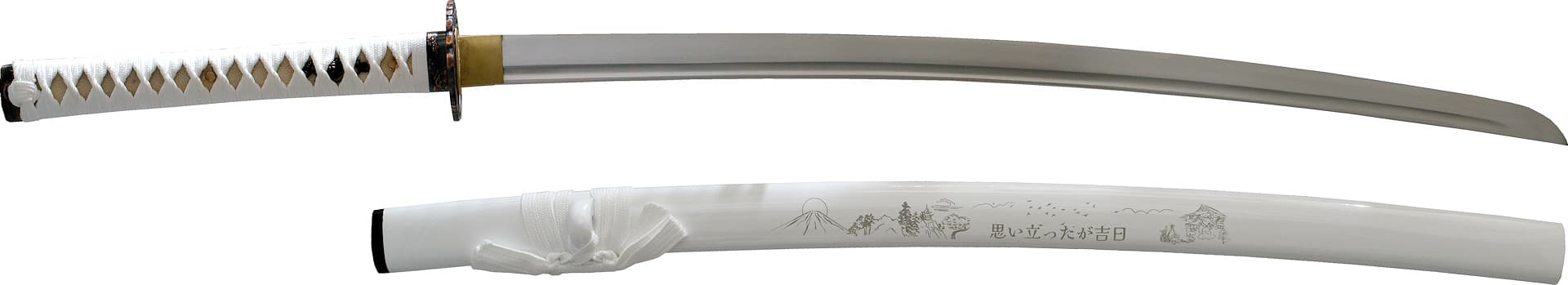 Katana aiguisé « Ketsui » (決意 résolution, décision), saya blanc décoré d'un motif japonais, tressages blancs 復活 #Terressens Katana aiguisé « Ketsui » (決意 résolution, décision), saya blanc décoré d'un motif japonais, tressages blancs 復活 #Terressens