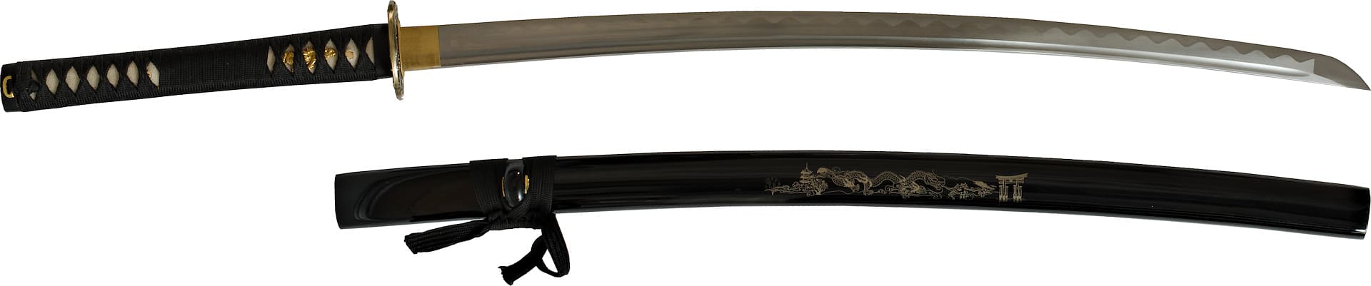 Katana aiguisé « Unryū-zu » (雲龍図 Dragon parmi les nuages), gravures sur la lame et le saya #Terressens