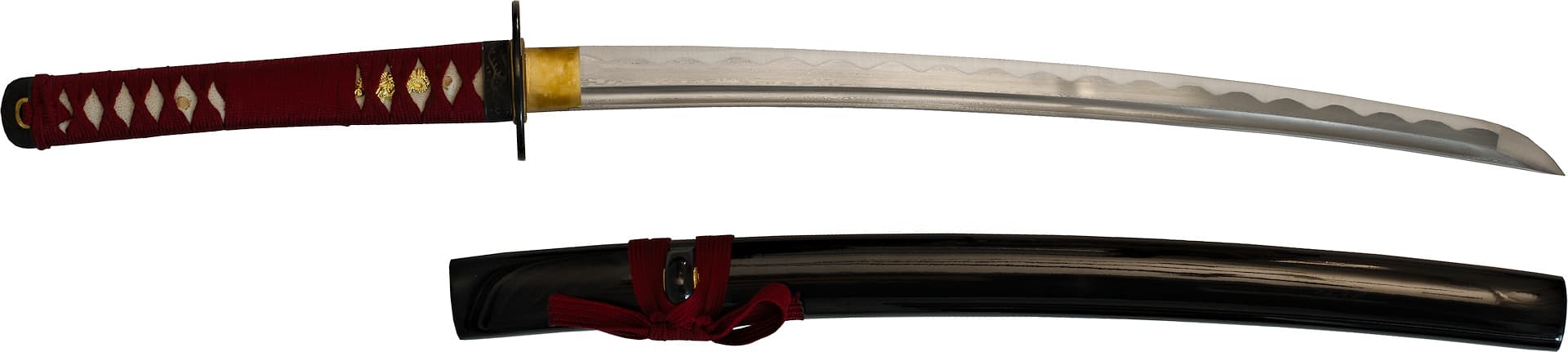 Wakizashi aiguisé forge Damas « Ketsueki » (血液, sang), tressages rouges #Terressens