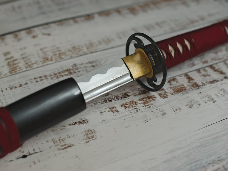 Wakizashi aiguisé forge Damas « Ketsueki » (血液, sang), tressages rouges #Terressens Wakizashi aiguisé forge Damas « Ketsueki » (血液, sang), tressages rouges #Terressens