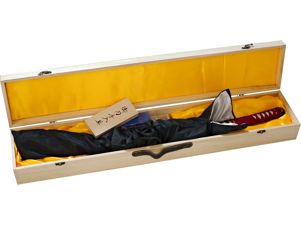 Wakizashi aiguisé forge Damas « Ketsueki » (血液, sang), tressages rouges #Terressens Wakizashi aiguisé forge Damas « Ketsueki » (血液, sang), tressages rouges #Terressens