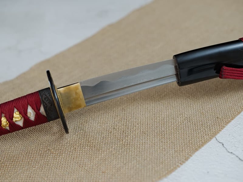 Wakizashi aiguisé forge Damas « Ketsueki » (血液, sang), tressages rouges #Terressens Wakizashi aiguisé forge Damas « Ketsueki » (血液, sang), tressages rouges #Terressens