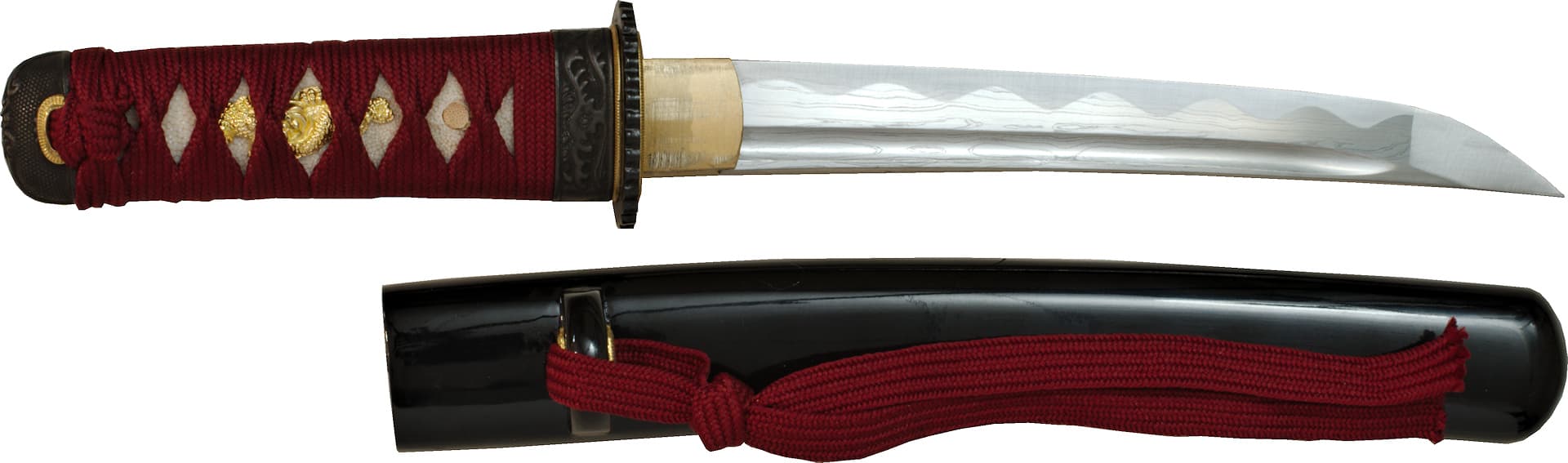 Tantō aiguisé forge Damas « Ketsueki » (血液, sang), tressages rouges #Terressens