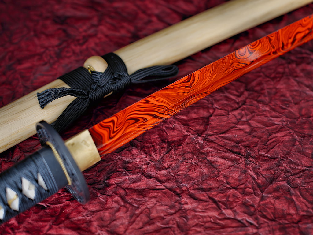 Katana aiguisé « Yougan » (溶岩 lave), lame en acier 1045 rouge et noir #Terressens