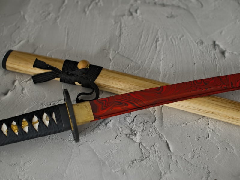 Katana aiguisé « Yougan » (溶岩 lave), lame en acier 1045 rouge et noir #Terressens