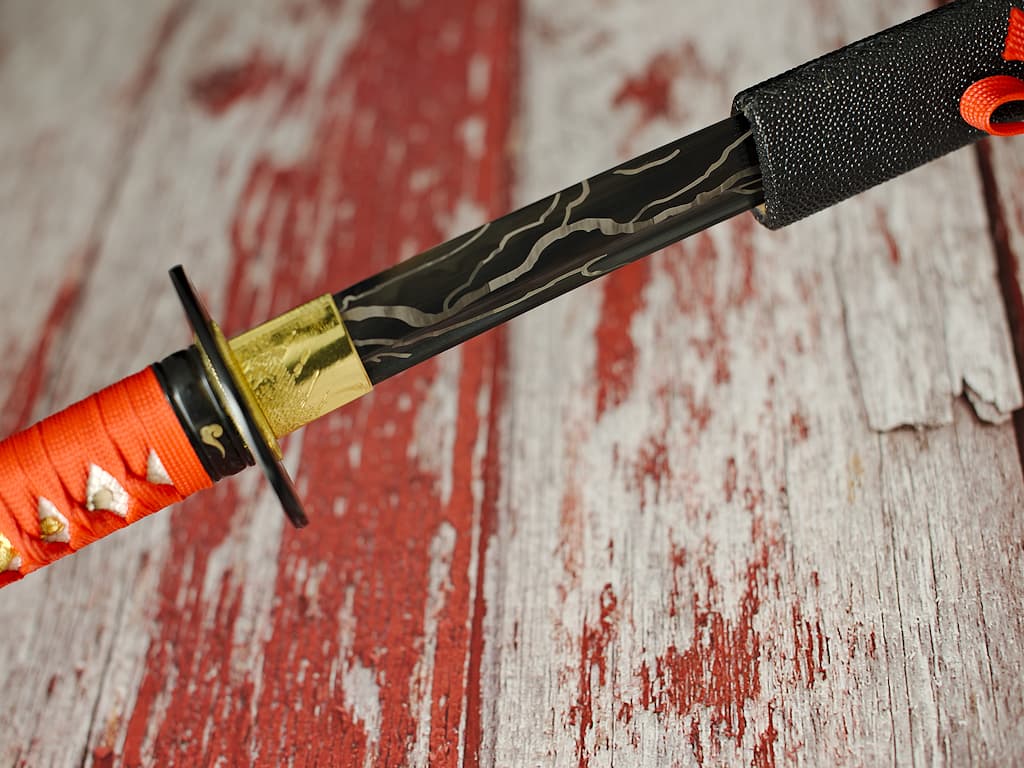 Katana aiguisé « éclair d'acier », lame en acier 1045 noire avec motifs éclair #Terressens