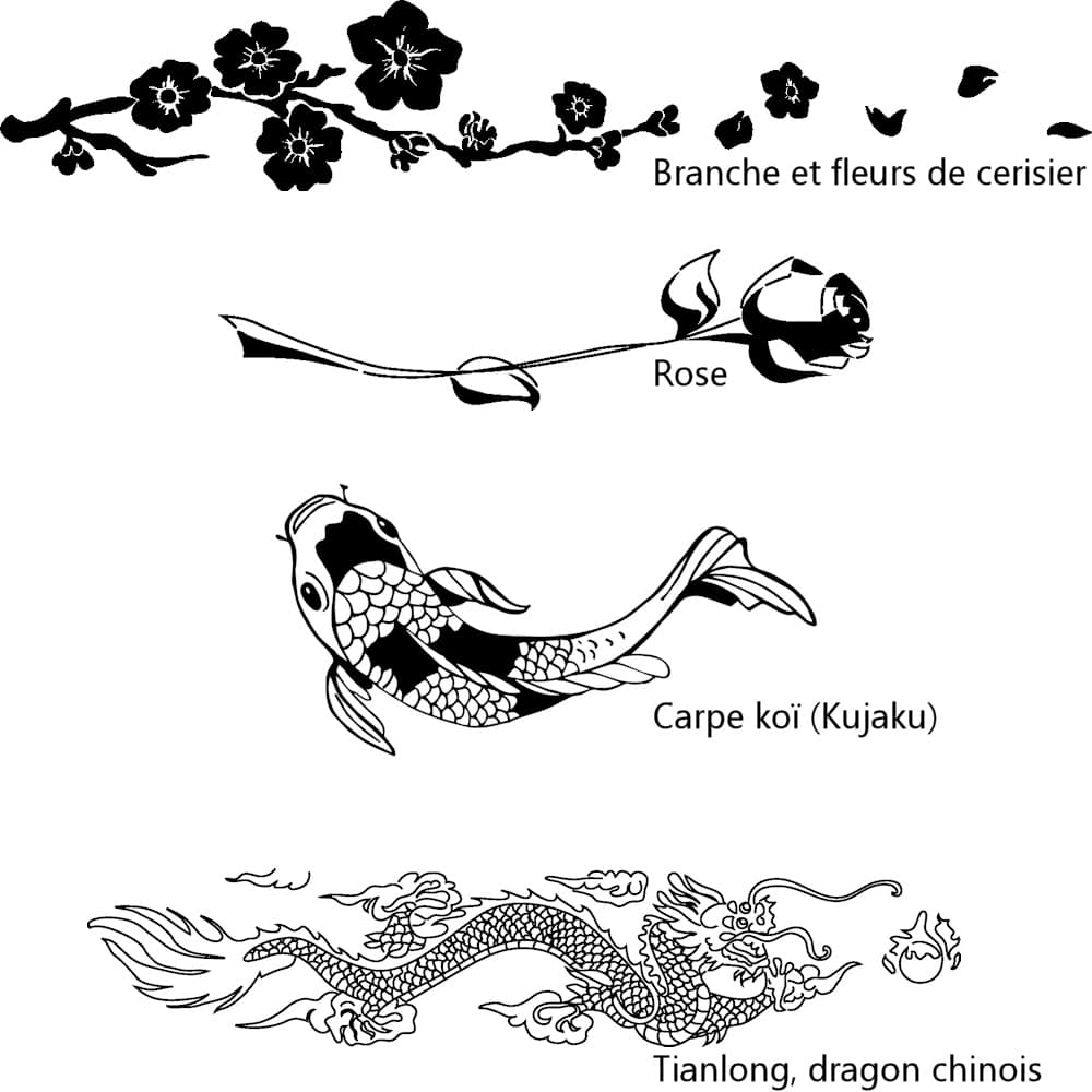 Exemples de graphismes à graver sur une lame de katana : branche de cerisier, rose, carpe koï et Tianlong (dragon chinois) #Terressens