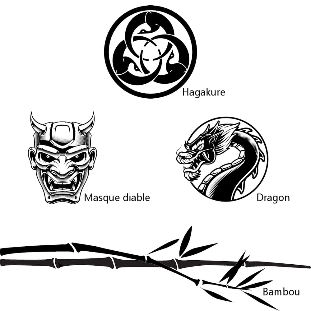 Exemples de graphismes à graver sur une lame de katana : Hagakure, masque diable, dragon et bambou #Terressens Exemples de graphismes à graver sur une lame de katana : Hagakure, masque diable, dragon et bambou #Terressens