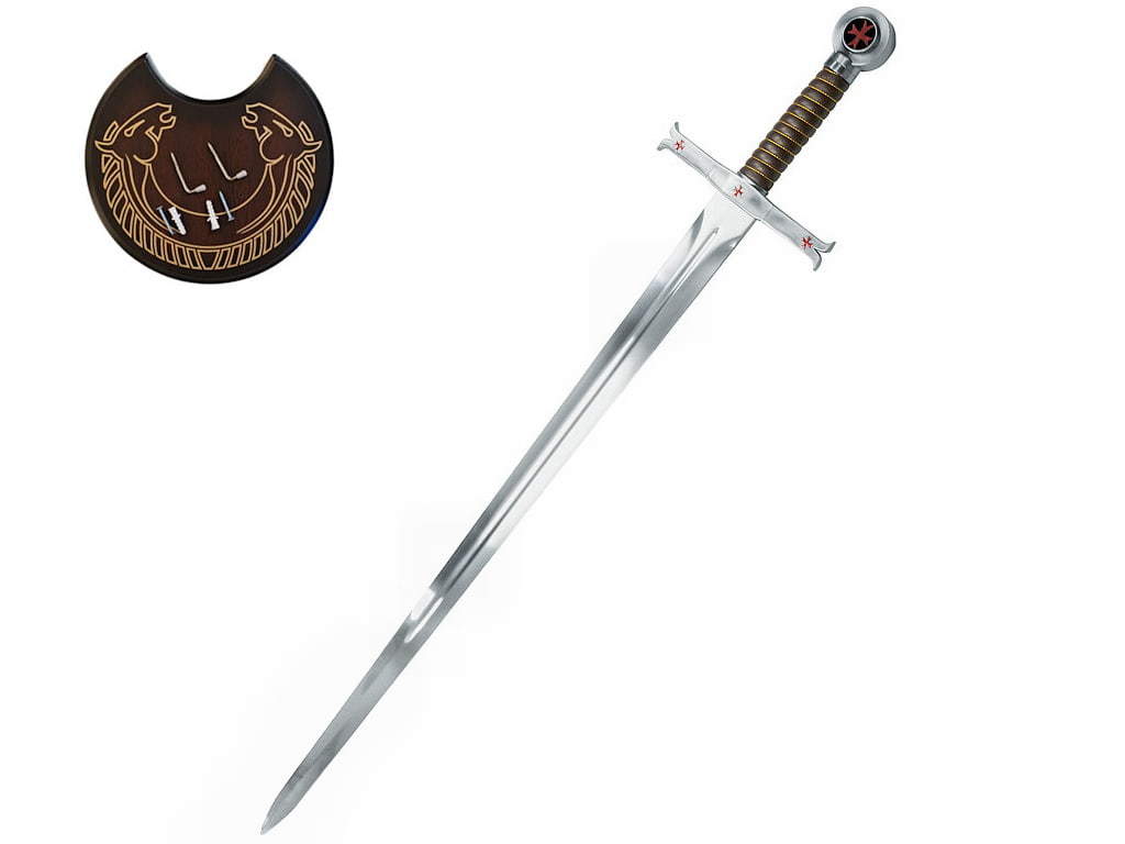 Épée templière de décoration avec support mural en bois reconstitué sérigraphié Épée templière de décoration avec support mural en bois reconstitué sérigraphié