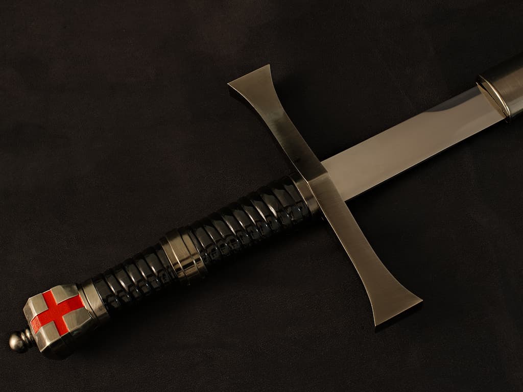 Épée templière de décoration posée sur un rocher avec un arrière-plan en mousse végétale Épée templière « Retour de Terre Sainte » #Terressens