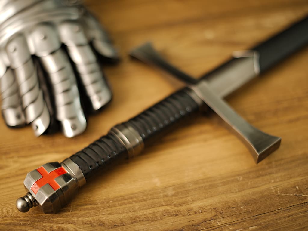 Épée templière de décoration posée sur une table médiébale en bois, avec une branche dont les branches abritent des gouttes de rosée Épée templière « Retour de Terre Sainte » #Terressens